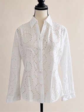 White Eyelet Embroidered Breezy Button-Down Top - Size S